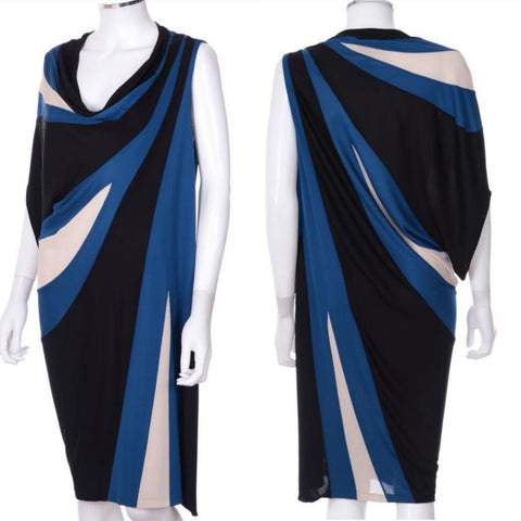 BANANA REPUBLIC ONE SHOULDER FIT & FLARE BLUE SATIN DRESS STRIPE
