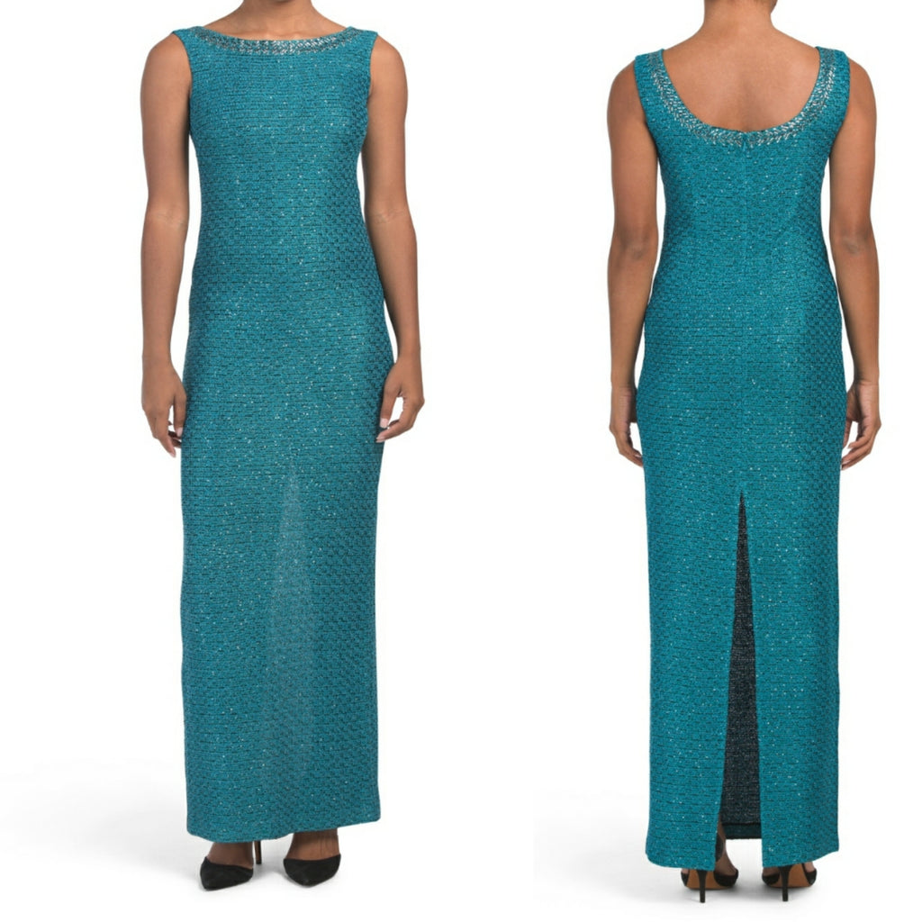 ST. JOHN Teal Blue Silver Sequin Shimmer Tweed Knit Scoop-Back Column Gown