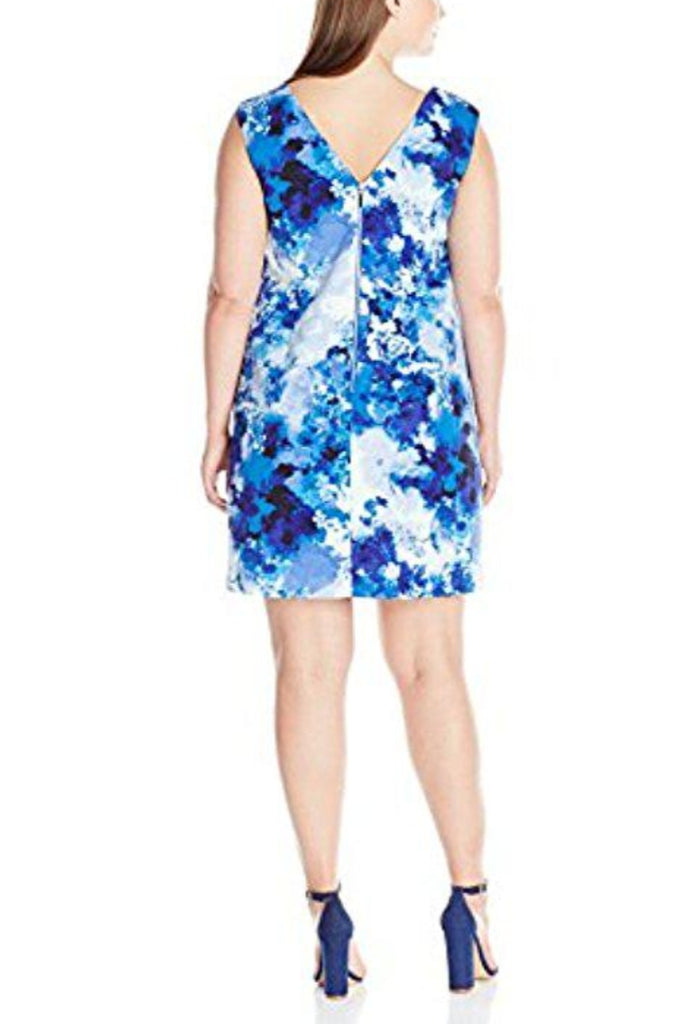 Adrianna Papell Blue Printed Faille Simple Cocktail Dress