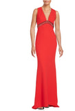 NWT $895 Carmen Marc Valvo Red Embellished V neck Gown