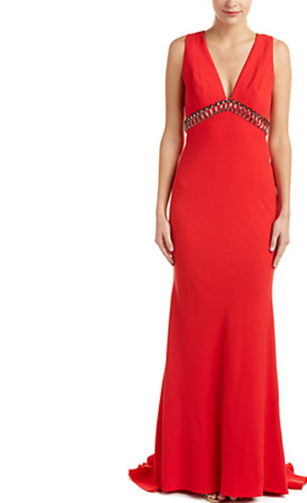 NWT $895 Carmen Marc Valvo Red Embellished V neck Gown