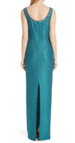 ST. JOHN Teal Blue Silver Sequin Shimmer Tweed Knit Scoop-Back Column Gown